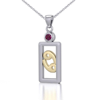 Cancer Zodiac Sign Silver and Gold Pendant with Ruby and Chain Jewelry Set MSE787
