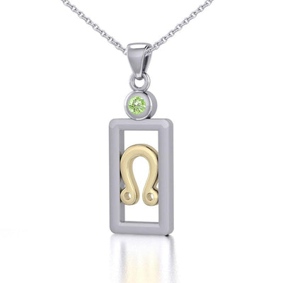 Leo Zodiac Sign Silver and Gold Pendant with Peridot and Chain Jewelry Set MSE788