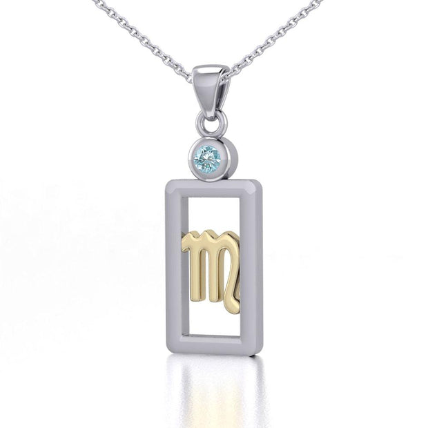 Scorpio Zodiac Sign Silver and Gold Pendant with Blue Topaz and Chain Jewelry Set MSE791