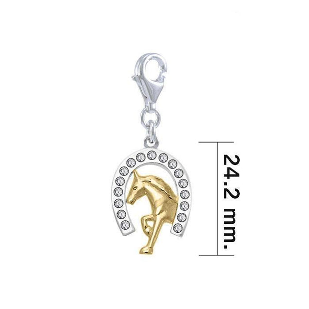 Horseshoe and Running Horse with Gems Silver and Gold Clip Charm MWC164 - Wholesale Jewelry