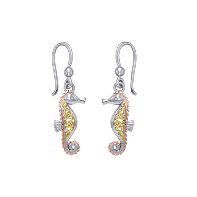 Celtic Knotwork Sterling Silver Seahorse Hook Earrings with 14k Gold and Pink accents OER033