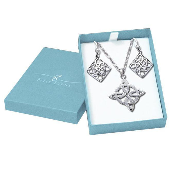 Celtic Quaternary Knot Silver Pendant Earrings with Free Chain Jewelry Gift Box Set SET020