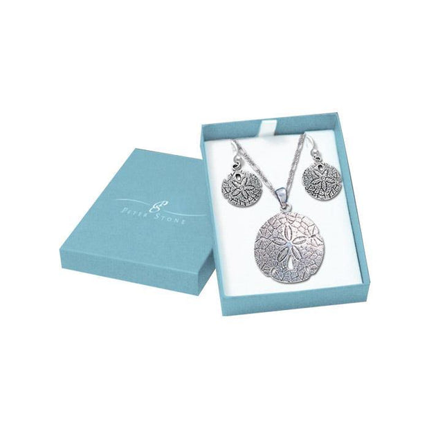 Unique natural beauty Silver Sand Dollar Pendant Chain and Earrings Box Set SET028