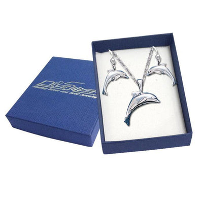 Dolphin Silver Pendant Earrings with Free Chain Jewelry Gift Box Set SET036