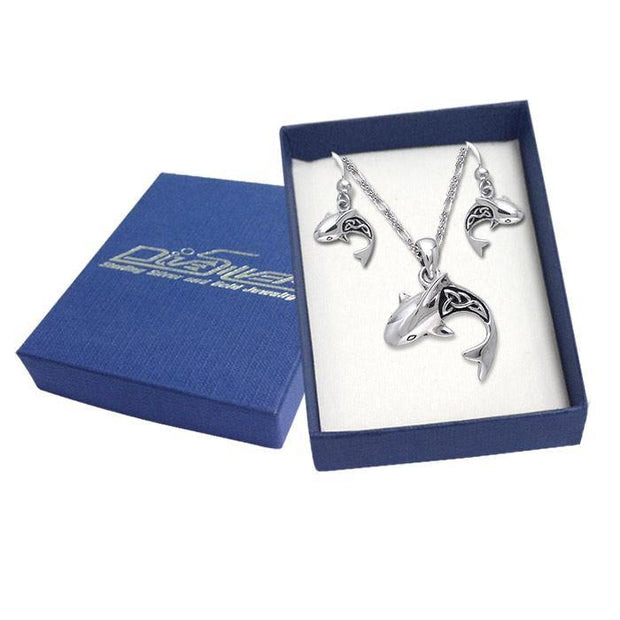 Sterling Silver Celtic Shark Pendant and Earrings Gift Box SET037