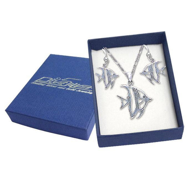 Angel Fish Silver Pendant Earrings with Free Chain Jewelry Gift Box Set SET044