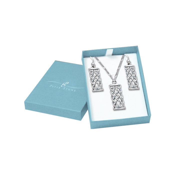 Silver Rectangular Celtic Pendant Chain and Earrings Box Set SET045