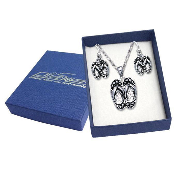 Beach Flip Flop Silver Pendant Earrings with Free Chain Jewelry Gift Box Set SET056