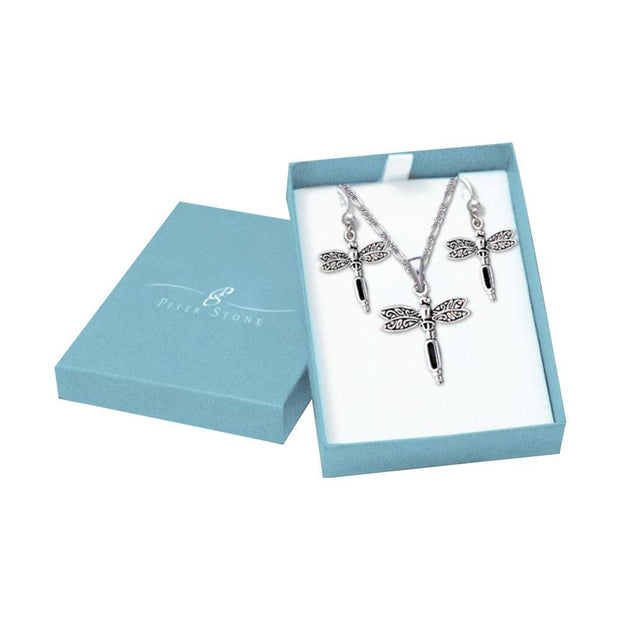 Silver Dragonfly with Inlay Stone Pendant Earrings with Free Chain Jewelry Gift Box Set SET059