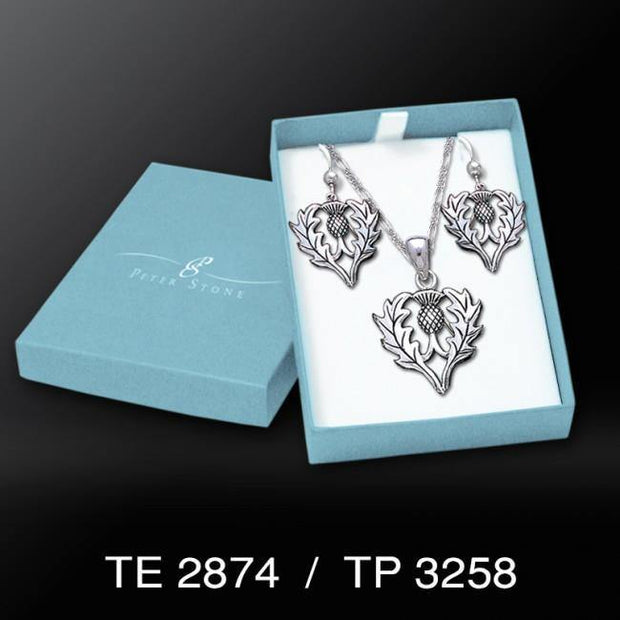 Scottish Thistle Silver Pendant Earrings with Free Chain Jewelry Gift Box Set SET061