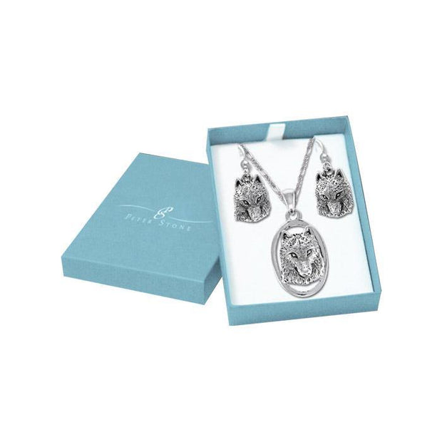 Beyond the wolf majestic presence Silver Pendant Chain and Earrings Box Set SET070