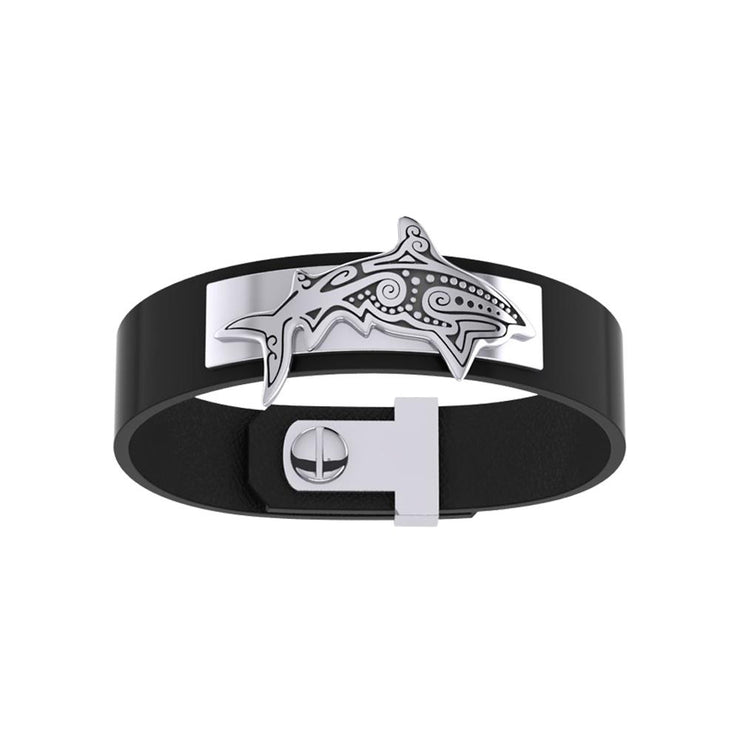Silver Aboriginal Shark Leather Bracelet TBA219