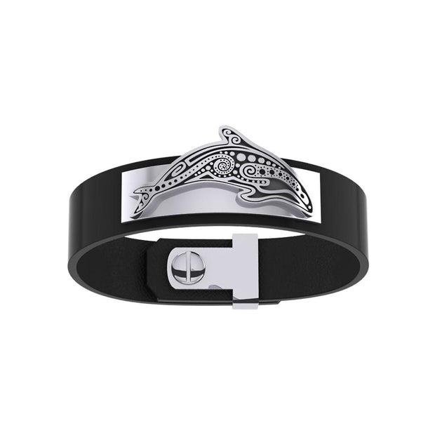 Silver Aboriginal Orca Whale Leather Bracelet TBA220 Bracelet