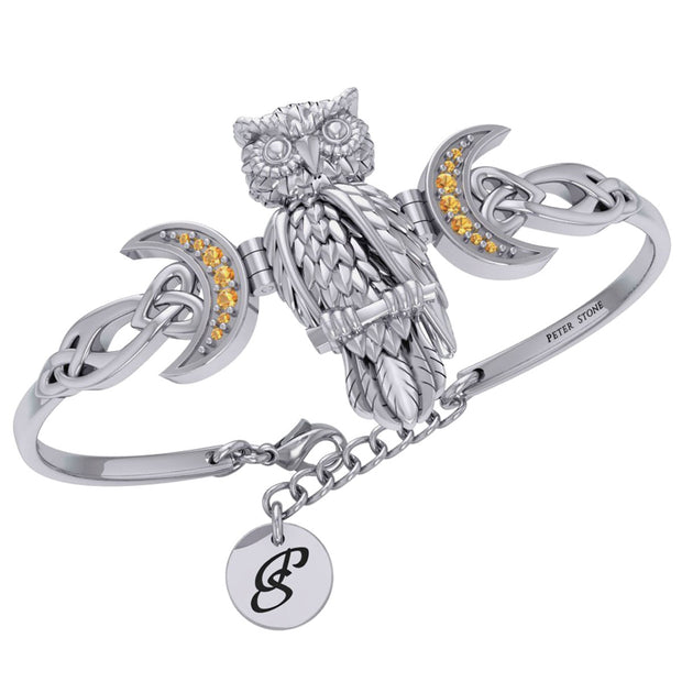 Great Horned Owl with Crescent Moon and Celtic Heart Silver Cuff Bracelet TBA290