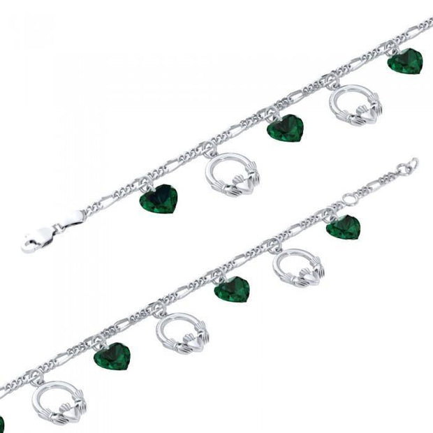 Irish Claddagh with Emerald Glass Hearts Silver Bracelet TBL038