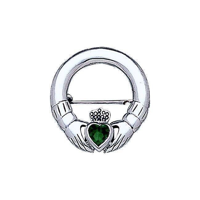 Irish Claddagh Silver Brooch with Gem TBR252