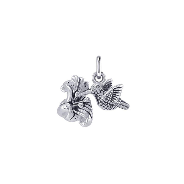 Flying Hummingbird with Flower Silver Charm TCM631