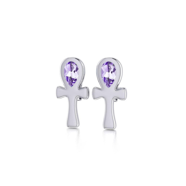 The cross of life ~ Sterling Silver Ankh Post Earrings with Gemstone TE2026