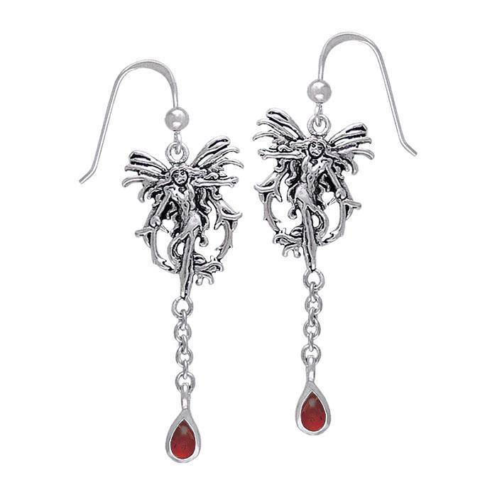 Amy Brown Sterling Silver Fire Element Fairy Dangle Earrings with Gemstone TE2962
