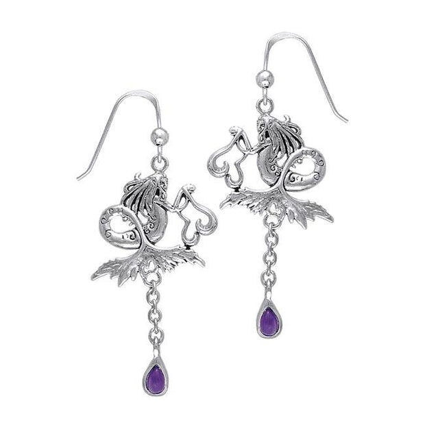 Dark Water Fairy Silver Earrings with Dangling Gemstone TE2966
