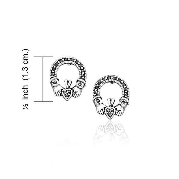 Irish Claddagh Silver Post Earrings with Marcasite TE793