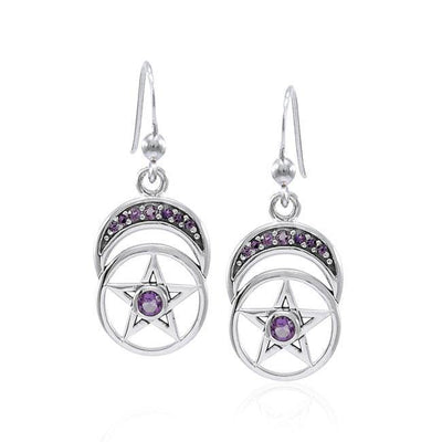 Gemstone Moon and Pentacle Silver Earrings TER1575