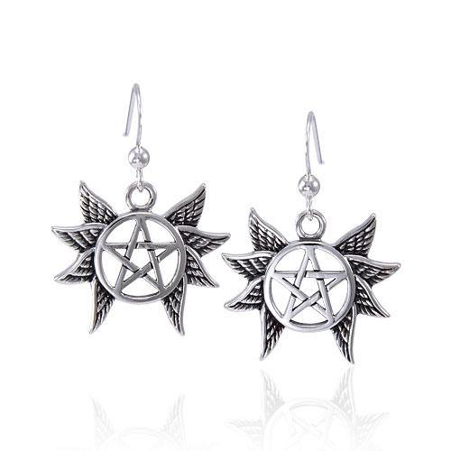 Winged Pentagram Silver Earrings TER1576