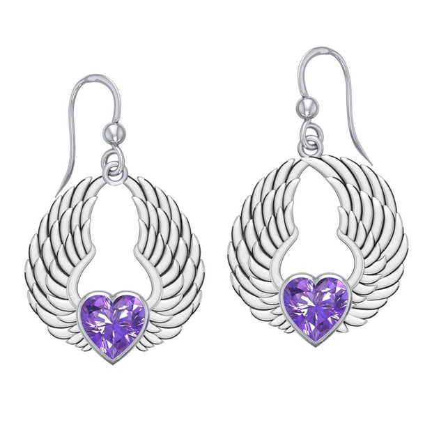 Gemstone Heart and Angel Wings Silver Earrings TER1742