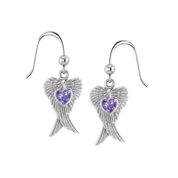 Heart Gemstone and Double Angel Wings Silver Earrings TER1744