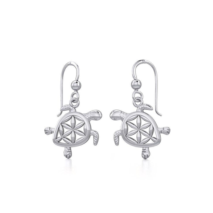 Swimming Turtle with Flower of Life Shell Silver and Gold Earrings TER1786
