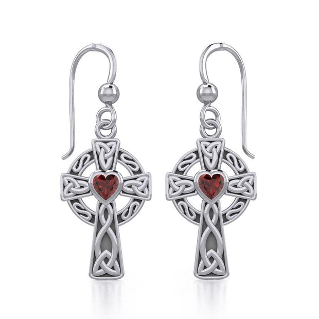 Celtic Cross Silver Earrings with Heart Gemstone TER1833