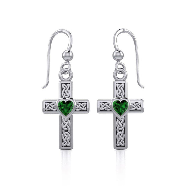 Celtic Cross Silver Earrings with Heart Gemstone TER1841