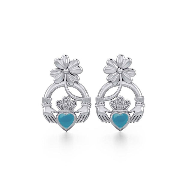 Lucky Four Leaf Clover on Claddagh Silver Post Earrings with stone TER1849