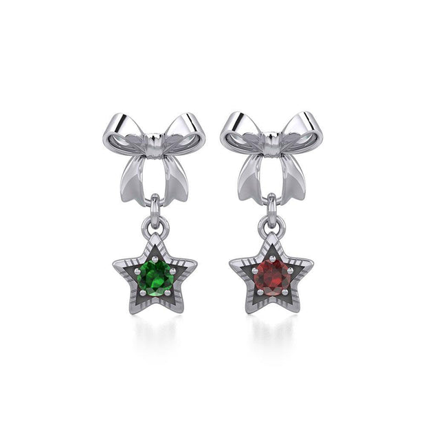 Ribbon with Dangling Gemstone Star Silver Post Earrings TER1854