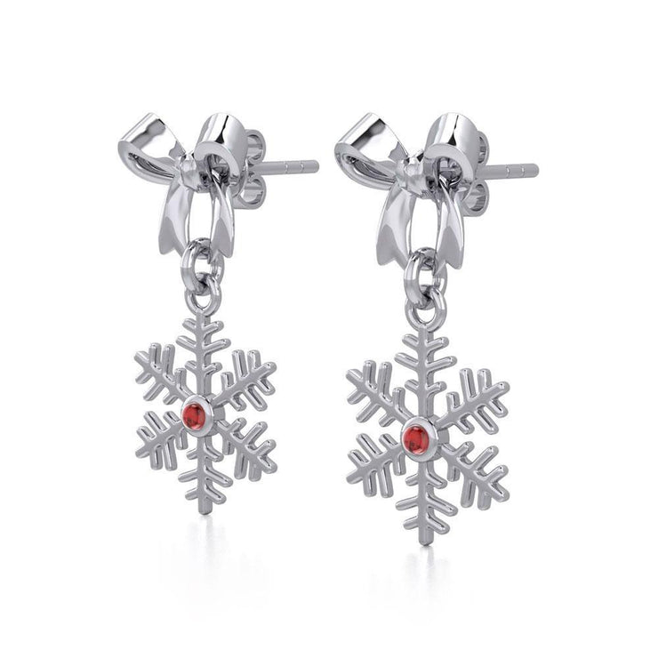 Ribbon with Dangling Gemstone Snowflake Silver Post Earrings TER1855