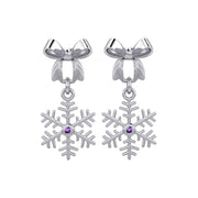 Ribbon with Dangling Gemstone Snowflake Silver Post Earrings TER1855