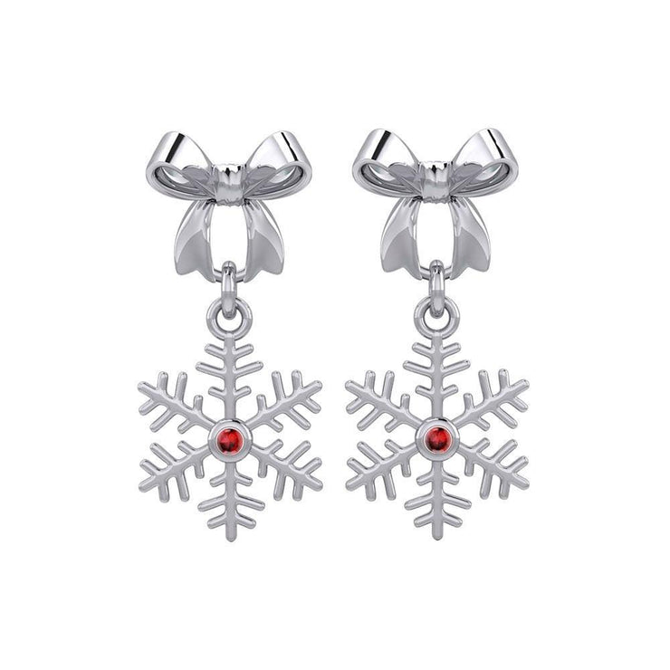 Ribbon with Dangling Gemstone Snowflake Silver Post Earrings TER1855