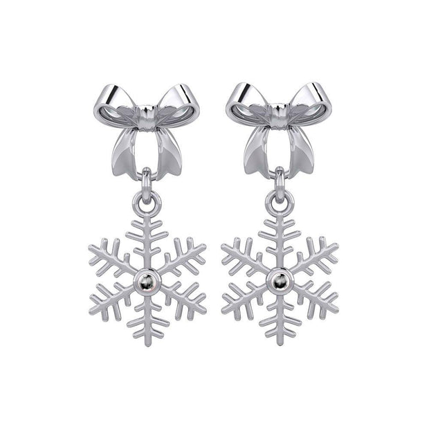 Ribbon with Dangling Gemstone Snowflake Silver Post Earrings TER1855