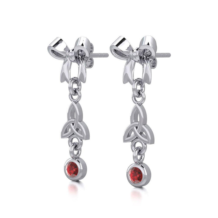 Ribbon with Dangling Gemstone Trinity Knot Silver Post Earrings TER1856