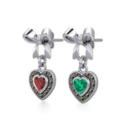 Ribbon with Dangling Marcasite Heart Gemstone Silver Post Earrings TER1860