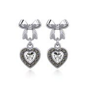 Ribbon with Dangling Marcasite Heart Gemstone Silver Post Earrings TER1860
