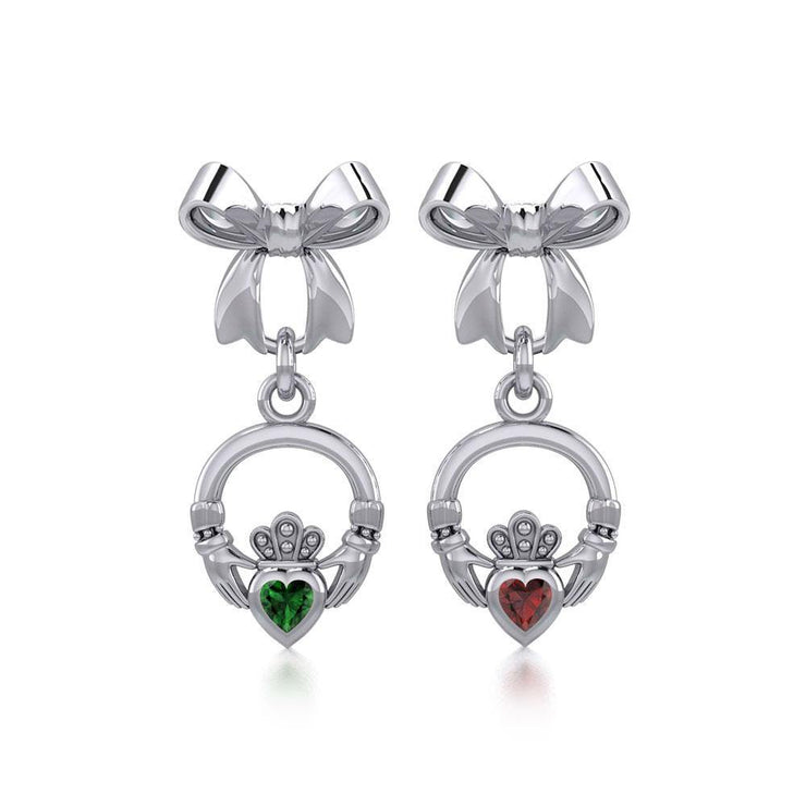 Ribbon with Dangling Gemstone Claddagh Silver Post Earrings TER1861