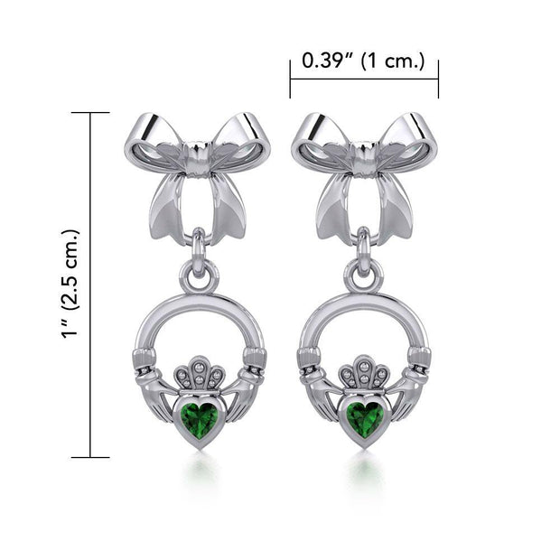 Ribbon with Dangling Gemstone Claddagh Silver Post Earrings TER1861