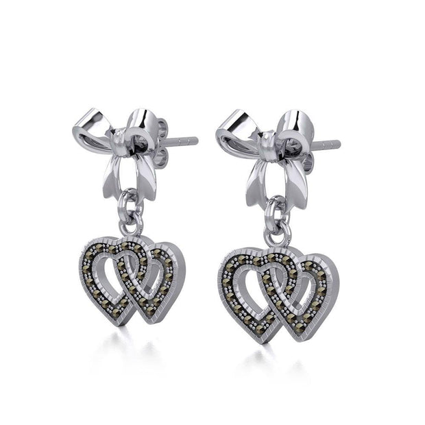Ribbon with Dangling Marcasite Double Heart Silver Post Earrings TER1862