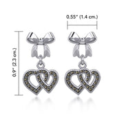 Ribbon with Dangling Marcasite Double Heart Silver Post Earrings TER1862