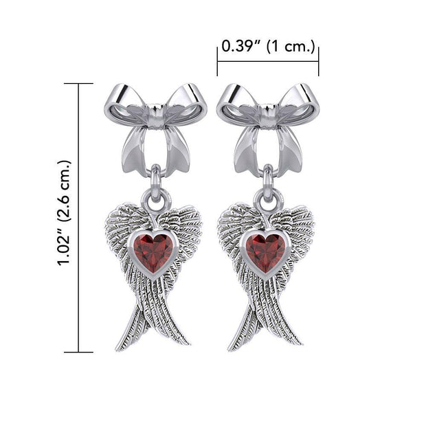 Ribbon with Dangling Double Angel Gemstone Wings Silver Post Earrings TER1866
