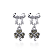 Ribbon with Dangling Marcasite Lucky Four Leaf Clover Silver Post Earrings TER1867