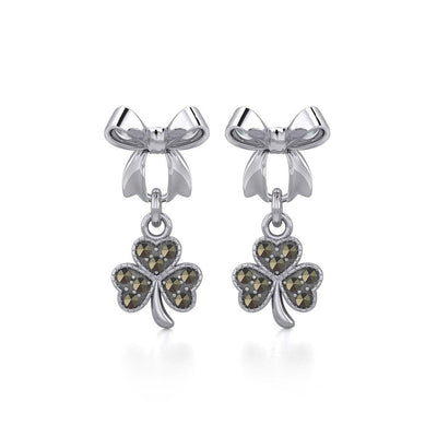 Ribbon with Dangling Marcasite Lucky Four Leaf Clover Silver Post Earrings TER1867