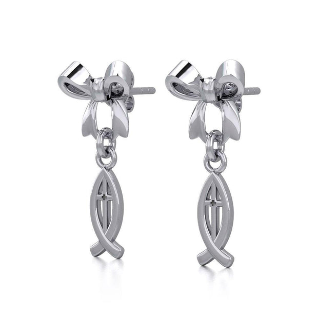 Ribbon with Dangling Christian Fish Silver Post Earrings TER1869 Earrings