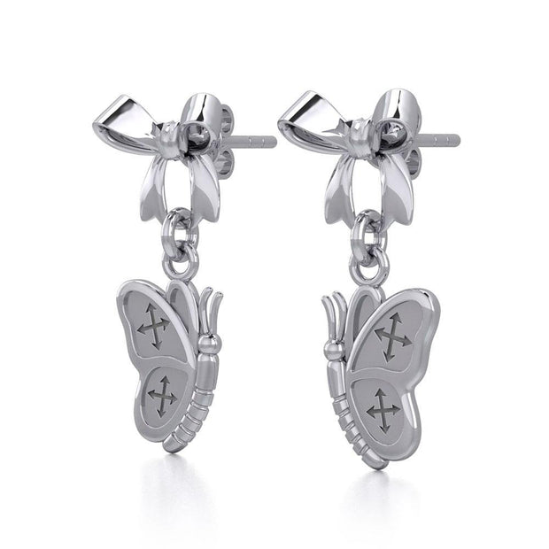 Ribbon with Dangling Butterfly Silver Post Earrings TER1870